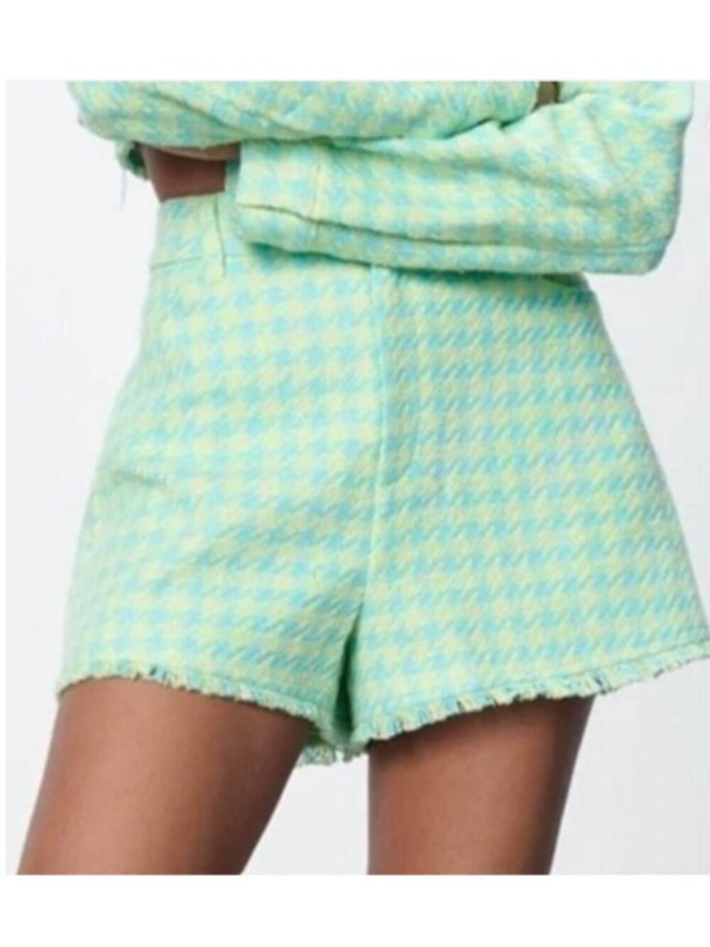 Zara Houndstooth Tweed Shorts with Fray, Green and Blue, Large